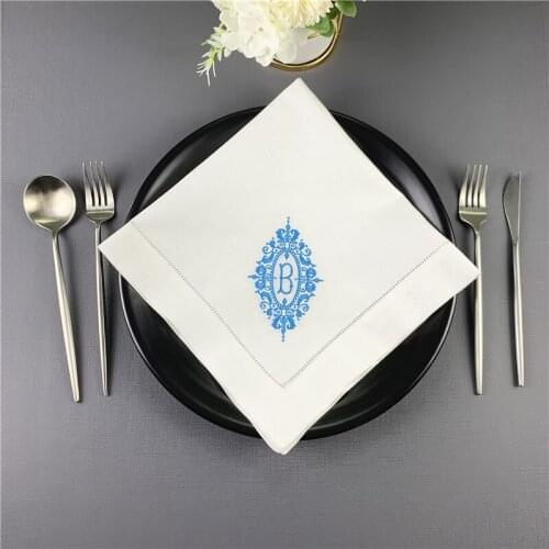 Napkins Monogrammed Dinner Napkins White linen Hemstitch Table Napkins 20"x20"Ladder Embroidered Initial B Tea Napkins