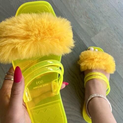Summer Women Fur Slippers Joey Shoes Solid Transparent PVC Flat Heel Open Toe Beach Outdoor Sandals Fashion Ladies Female Ladies