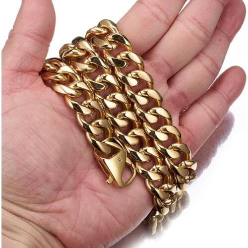 Granny Chic HIP Hop IP Gold Filled Heavy 15mm Stainless Steel Curb Cuban Link Rombo Chain Necklaces for Men Jewelry 7-40 Inch