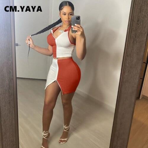 CM.YAYA Women Fashion Skirts Set Patchwork Sleeveless Zip Sheath Elastic Tops Mini Skirt 2 Piece Set Sexy Night Club Outfits