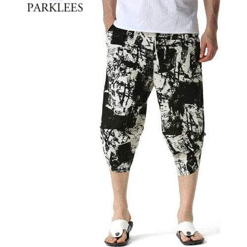 Stylish Splash Ink Harem Pants Men Casual Wide Leg Baggy Linen Capri Pants Lightweight Elastic Waist 3/4 Beach Pants with Pocket
