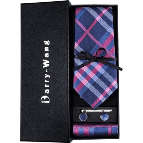 TS-653 Barry.Wang 2018 Mens Ties Necktie Hanky Cufflinks Set With Gift Box Red Plaids Ties For Men Wedding Business Party
