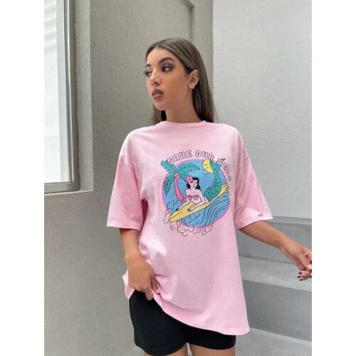 Mermaid Save Our Seas Women T Shirt Aesthetic Harajuku 90s Graphic Funny Tee Cotton Short Sleeve Casual Loose Y2k Tops Clothes