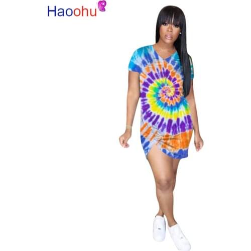 HAOOHU 2020 Women Summer Mini Dress Fashion Tie-dye Print Irregular Bodycon Bandage Party Night Club Street Dresses Vestidos