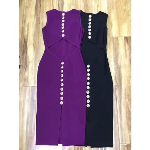 Women Summer Sexy Button Black Purple Bodycon Bandage Dress 2017 Celebrity Party Dresses Knee Length