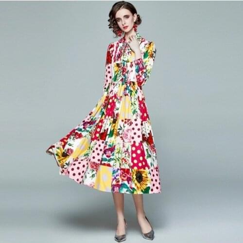 2021 Summer Fashion Designer Sunflower Print Pleated Women Full Sleeve Bow Shirt Collar Slim High Waist Vintage Multicolour Dres
