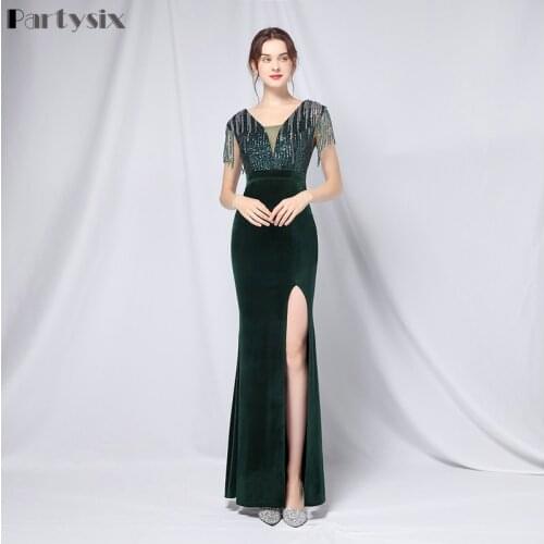 Partysix 2021 Sexy Deep V Neck Sequin Dress High Split Bodycon Maxi Dress Female Evening Party Dress Prom Gown