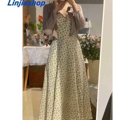 Summer Women Vintage Chiffon Sweet Flower Print Slim Dress Girl Cute V Neck Casual Lace Stitching Sling Midi Dress