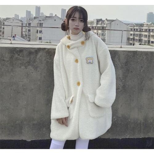 Winter Women Kawaii Long Coat Cute Hooded Jacket Kawaii Bear Teenage Girl Warm Plush Overcoat White Pink Lamb Fluffy Outwear