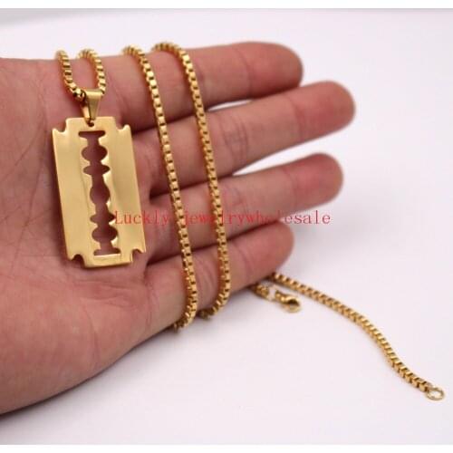 Gold Stainless Steel Double Edge Blade Necklace Pendant with 24'' Box Chain Barber Jewelry