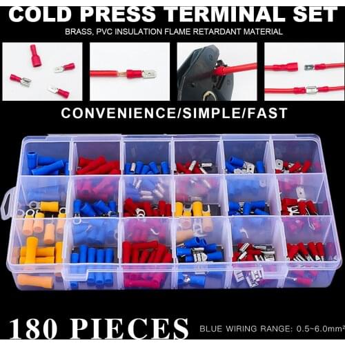 180Pcs 0.5-6mm2 BV SV FRD MPD RV round fork spade terminal insulated cable connector wire crimping butt brass PVC material set