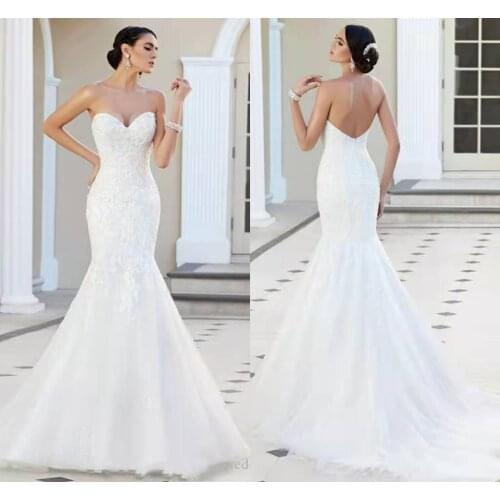 2019 Modest Lace Mermaid Dresses Sweetheart Strapless Appliques Tulle Backless Wedding Gowns Cheap Beach Church Bridal