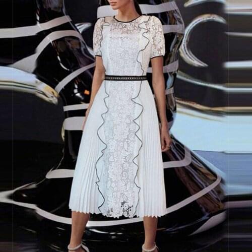 2021 Designer Fashion Summer Dress Women White Blue Lace Ruffles Patchwork Elegant Ladies Dresses