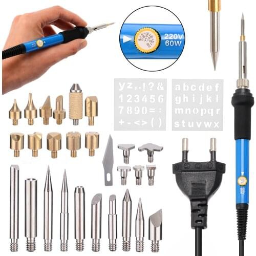 28pcs 60W Wood Burning Kit Carving Pyrography Pen Kit Adjustable Temperature Soldering Iron Welding Wood Embossing