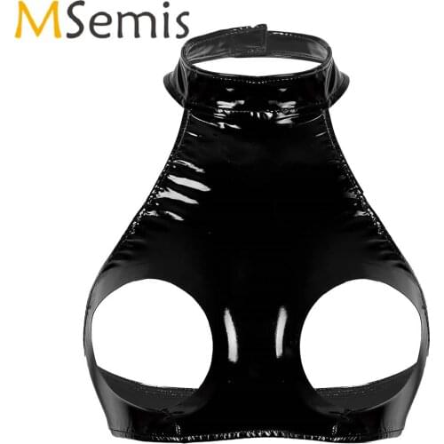 Womens Lingerie Open Cup Bra with Nipple Open Bust Fashion Wet Look Faux Leather Sleeveless Halter Neck Backless Crop Tank Tops