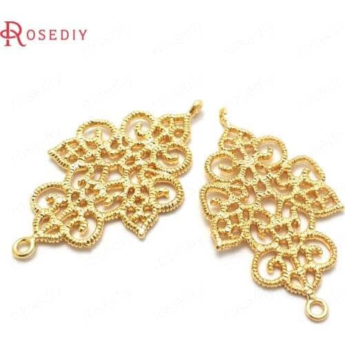 C411)6 pieces 34x19mm 24K Gold Color Brass 2 Holes Earring Connect Charms Pendants High Quality Findings Making Supplies