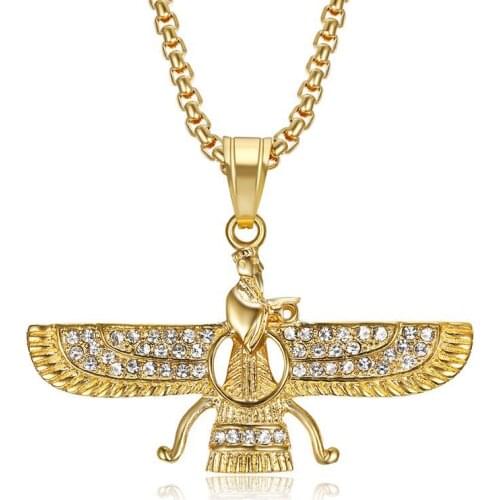 Hip Hop Iced Out Iran Faravahar Ahura Mazda Zoroastrian Pendant Necklaces Male Gold Color Stainless Steel Chain For Men Jewelry