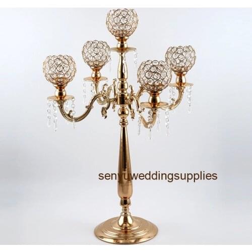 12pcs )European elegant new tall 5 arms wedding gold crystal candelabra for wedding decoration centerpiece senyu1335
