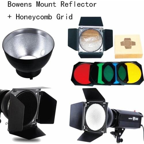 Godox Bowens Mount Reflector for Studio Flash + BD-04 Barn Door Honeycomb Grid +4 color Filter