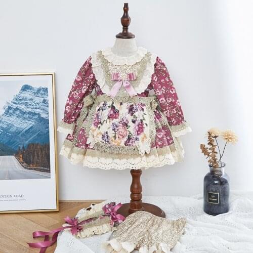 3Pcs Kids Floral Spanish for Girls Lolita Dresses infant Boutique Clothes Children Spain Cotton Ball Gowns Baby Baptism Frock