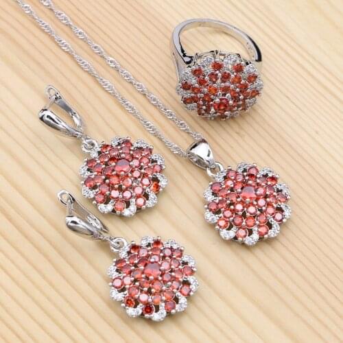 925 Sterling Silver Romantic Jewelry Sets For Women Red Cubic Zirconia White Crystal Pendant Necklace Ring Earrings Silver Set