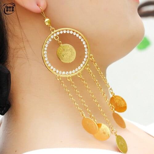 Muslim Fashion Luxury Charm Crystal Gold Coin Long Pendant Earrings Islamic Womens Festival Wedding Jewelry Gifts Never Fading