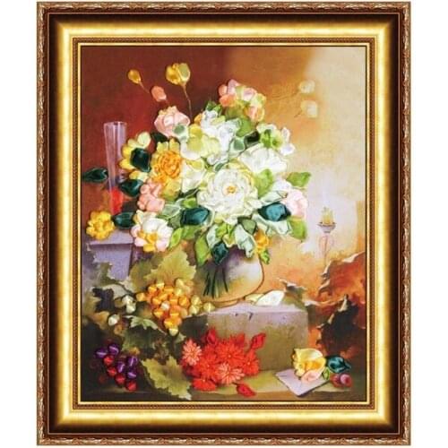 Needlework,DIY Ribbon Cross stitch Sets for Embroidery kit, Stair Vase Daisy flowers Cross-Stitch handwork Home Wall Decor