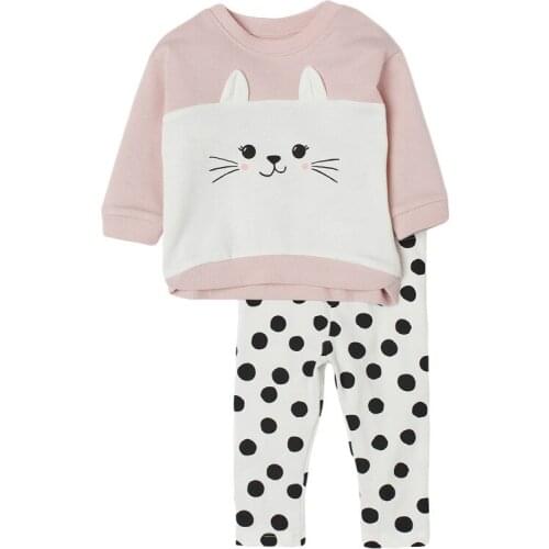 Baby Girl Clothes 2021 New Autumn Casual Cotton Brand Toddler Gray Cat Shirt + Polka Dot Pants Children Set for kids 2-7 years