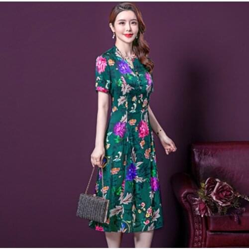 Mulberry Silk Print Dresses Mujer Summer Fashion Slim Slimming Mid-length Vestidos Middle-aged Mother Women New Dress 2020 A897