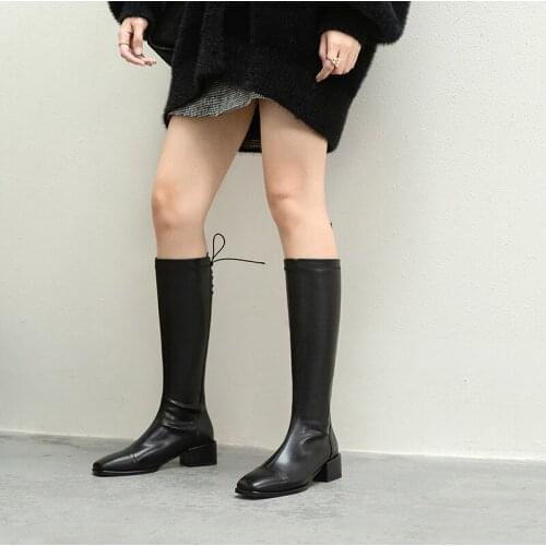QZYERAI 2021 Fashion Genuine Leather Women Knee-High Stretch Boots Square Heel Short Boots Ladies Boots Black Booties