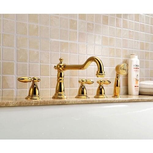 Contemporary gold PVD 5 Holes widespread Bathtub shower Faucet with Hand Shower deck mounted new
