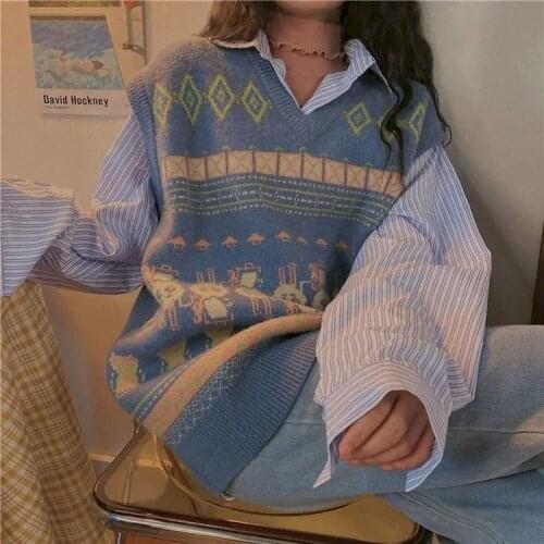 Retro Loose Knit Knitted Vest 2021 Autumn Winter New Tops All-match Vest Korean Kawaii Vintage Sweater Oversized Women Clothes