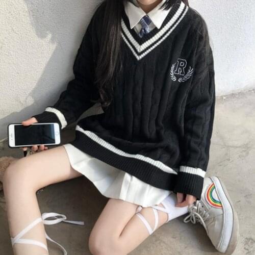 2020 New Japanese College JK Uniform V-neck Basic Solid Color Embroidery Pullover Knitting Cardigan Sweater Winter Clothing
