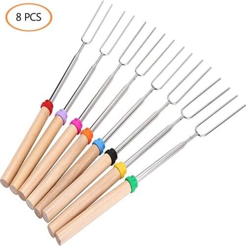 Stainless Steel Telescopic BBQ Fork Outdoor Camping 8CS/Set Barbecue Tool Wooden Handle Roasted Marshmallow Fork