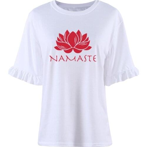 New Fashion Women clothing Namaste Print Women Cotton Tassel Casual T-Shirt Womens Tees TopsPetal Sleeve O-Neck Femme T Shirt