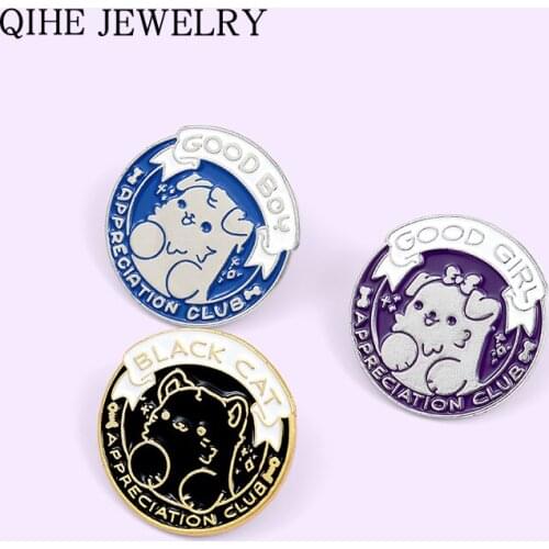Love Dog Cat Club Pins Black Blue Purple Enamel Round Badge Cute Puppy Kitten Animal Pet Brooches For Women Men Gift Wholesale