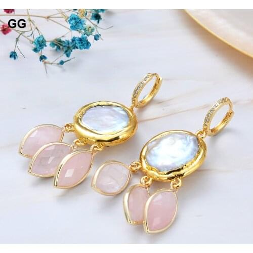GuaiGuai Jewelry Natural Cultured White Coin Pearl Rose Quartzs Dangle Hook Earrings CZ Hook For Women