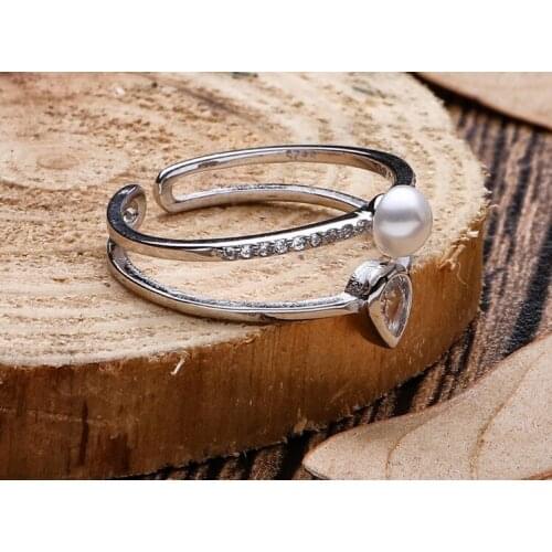 S925 sterling silver double-layer pearl ring ladies heart-shaped zircon ring opening original silver jewelry free shipping