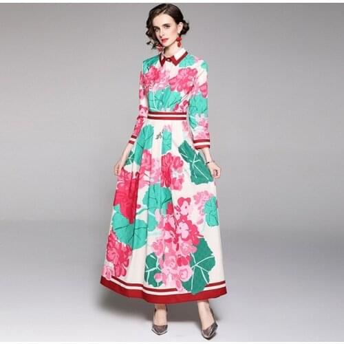 2021 Spring Autumn Bohemian Chiffon Dress Womens Long Sleeve Ruffles Flower Printing Floral Vintage Holiday Maxi Shirt Dresses