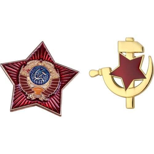 2pcs Suit USSR Red Star Sickle Hammer Badge Socialist Symbol CCCP Union Emblem Brooch WW2 Military Copper Pins Gift to a friend