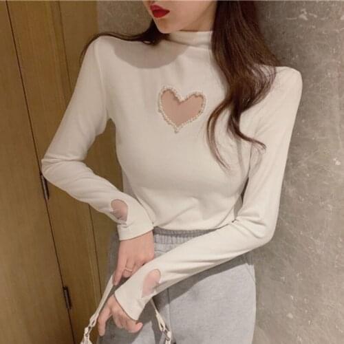 2021 New Spring Autumn New Love Pearl Hollow-out Sexy Turtleneck Long Sleeve Velvet Padded Bottoming Shirt T-shirt Top for Women
