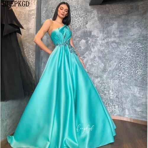 Aqua One Shoulder Long Evening Formal Dresses Glitter Beads Rhinestones Satin Special Occasion Dress Party Prom Gowns Customize