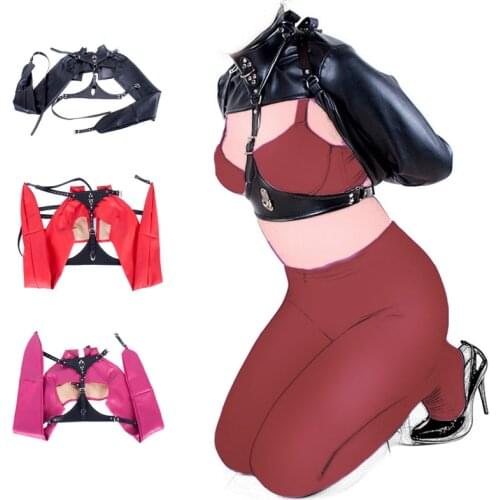 BDSM Bondage Restraint PU Leather Straitjacket Top,Womens Open Cup Jacket Straight Body Binder Harness Role Play Erotic Costume