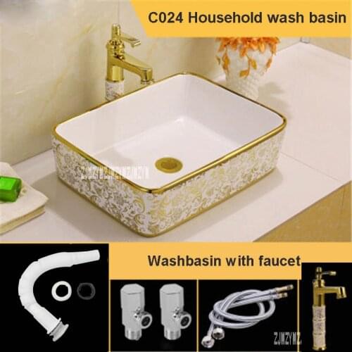 C024 European-style Square Countertop Sinks Home Gold Ceramic Washbasin Household Luxurious Artistic Wash Basin Bathroom Sink
