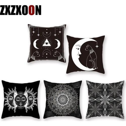 Decorative Throw Pillows Case Black and White Sun Moon Mandala Geometric Sofa Cushion Cover for Living Room 45x45cm
