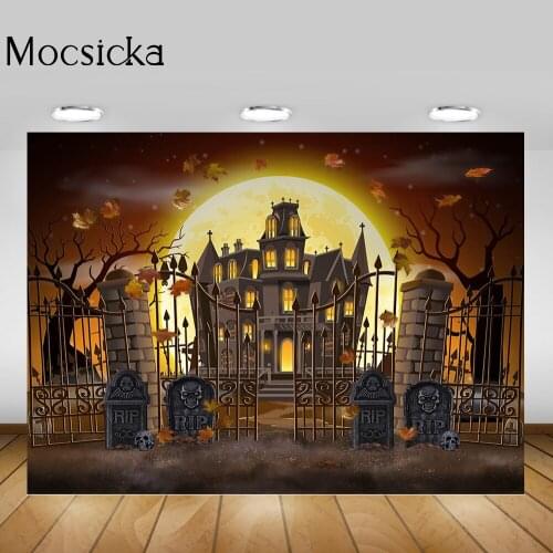 Halloween Cake Table Backdrop Haunted House Big Moon Happy Halloween Photo Background Grave Old Trees Maple Leaf Photoshoot