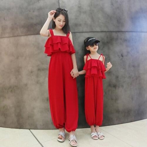 2019 New Matching Family Clothing Wine Red Women Romper Suitcase Girl Top Pants Summer Mother Daughter Matching Outfits