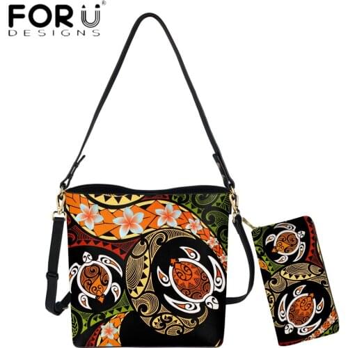 FORUDESIGNS Women Bucket Bags And Purse Set Polynesian Turtle Plumeria 3D Print Luxury Shoulder Messenger Sac Leather Purse