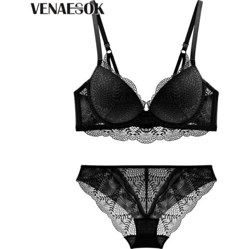 Women Bra Set Sexy Brassiere Deep V Push Up Bra Lace Lingerie Sets Thick Cotton Gather Bras Black Printing Fashion Underwear