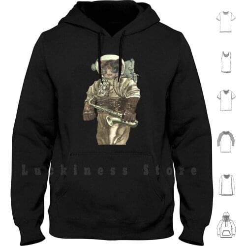 Space Cat With Saxophone Hoodies Long Sleeve Space Planet Explore Adventure Astronaut Spaceman
